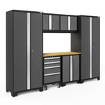 Newage Products Bold 3.0 Series 7-Piece Garage Cabinet Set-50443-Grey-Bamboo Worktop-LED Lights-Garage Giant