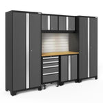 Newage Products Bold 3.0 Series 7-Piece Garage Cabinet Set-50418-Grey-Bamboo Worktop-LED Lights + Slatwall Backsplash-Garage Giant