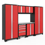Newage Products Bold 3.0 Series 7-Piece Garage Cabinet Set-50620-Red-Stainless Steel Worktop-None-Garage Giant