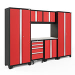 Newage Products Bold 3.0 Series 7-Piece Garage Cabinet Set-50642-Red-Stainless Steel Worktop-LED Lights-Garage Giant