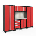 Newage Products Bold 3.0 Series 7-Piece Garage Cabinet Set-56221-Red-Stainless Steel Worktop-LED Lights + Slatwall Backsplash-Garage Giant