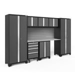 Newage Products Bold 3.0 Series 8-Piece Garage Cabinet Set-50461-Grey-Stainless Steel Worktop-Slatwall Backsplash-Garage Giant