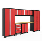 Newage Products Bold 3.0 Series 8-Piece Garage Cabinet Set-50627-Red-Bamboo Worktop-LED Lights-Garage Giant