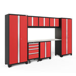 Newage Products Bold 3.0 Series 8-Piece Garage Cabinet Set-50626-Red-Stainless Steel Worktop-LED Lights-Garage Giant