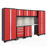 Newage Products Bold 3.0 Series 8-Piece Garage Cabinet Set-56245-Red-Stainless Steel Worktop-LED Lights + Slatwall Backsplash-Garage Giant
