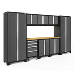 Newage Products Bold 3.0 Series 9-Piece Garage Cabinet Set-50430-Grey-Bamboo Worktop-LED Lights-Garage Giant