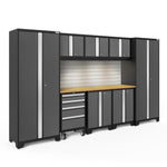 Newage Products Bold 3.0 Series 9-Piece Garage Cabinet Set-50524-Grey-Bamboo Worktop-LED Lights + Slatwall Backsplash-Garage Giant