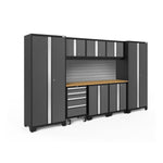 Newage Products Bold 3.0 Series 9-Piece Garage Cabinet Set-50526-Grey-Bamboo Worktop-Slatwall Backsplash-Garage Giant