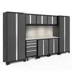 Newage Products Bold 3.0 Series 9-Piece Garage Cabinet Set-50525-Grey-Stainless Steel Worktop-LED Lights + Slatwall Backsplash-Garage Giant