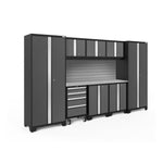 Newage Products Bold 3.0 Series 9-Piece Garage Cabinet Set-50523-Grey-Stainless Steel Worktop-Slatwall Backsplash-Garage Giant