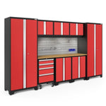 Newage Products Bold 3.0 Series 9-Piece Garage Cabinet Set-50937-Red-Bamboo Worktop-LED Lights + Slatwall Backsplash + Hook Kit-Garage Giant