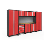 Newage Products Bold 3.0 Series 9-Piece Garage Cabinet Set-56289-Red-Bamboo Worktop-Slatwall Backsplash-Garage Giant