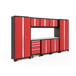 Newage Products Bold 3.0 Series 9-Piece Garage Cabinet Set-50631-Red-Stainless Steel Worktop-LED Lights-Garage Giant