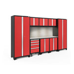 Newage Products Bold 3.0 Series 9-Piece Garage Cabinet Set-56292-Red-Stainless Steel Worktop-LED Lights + Slatwall Backsplash-Garage Giant