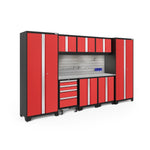 Newage Products Bold 3.0 Series 9-Piece Garage Cabinet Set-51529-Red-Stainless Steel Worktop-LED Lights + Slatwall Backsplash + Hook Kit-Garage Giant