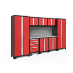 Newage Products Bold 3.0 Series 9-Piece Garage Cabinet Set-56290-Red-Stainless Steel Worktop-Slatwall Backsplash-Garage Giant
