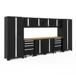 Newage Products Bold 3.0 Series 12-Piece Garage Cabinet Set With 2X Rolling Tool Cabinets-63202-Black-Bamboo Worktop-None-Garage Giant