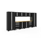 Newage Products Bold 3.0 Series 12-Piece Garage Cabinet Set With 2X Rolling Tool Cabinets-63204-Black-Bamboo Worktop-LED Lights-Garage Giant