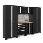 Newage Products Bold 3.0 Series 7-Piece Garage Cabinet Set-63078-Black-Bamboo Worktop-LED Lights + Slatwall Backsplash + 12-Piece Hook Kit-Garage Giant