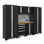 Newage Products Bold 3.0 Series 7-Piece Garage Cabinet Set-63077-Black-Bamboo Worktop-Slatwall Backsplash + 12-Piece Hook Kit-Garage Giant