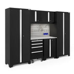 Newage Products Bold 3.0 Series 7-Piece Garage Cabinet Set-63100-Black-Stainless Steel Worktop-LED Lights + Slatwall Backsplash + 12-Piece Hook Kit-Garage Giant