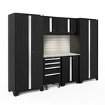 Newage Products Bold 3.0 Series 7-Piece Garage Cabinet Set-63059-Black-Stainless Steel Worktop-LED Lights + Slatwall Backsplash-Garage Giant