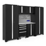 Newage Products Bold 3.0 Series 7-Piece Garage Cabinet Set-63099-Black-Stainless Steel Worktop-Slatwall Backsplash + 12-Piece Hook Kit-Garage Giant