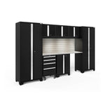 Newage Products Bold 3.0 Series 8-Piece Garage Cabinet Set-63112-Black-Stainless Steel Worktop-LED Lights + Slatwall Backsplash-Garage Giant