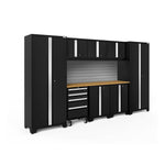 Newage Products Bold 3.0 Series 9-Piece Garage Cabinet Set-63157-Black-Bamboo Worktop-Slatwall Backsplash-Garage Giant