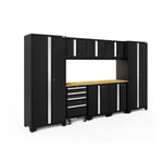 Newage Products Bold 3.0 Series 9-Piece Garage Cabinet Set-63152-Black-Bamboo Worktop-LED Lights-Garage Giant