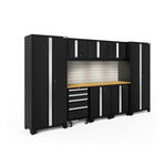 Newage Products Bold 3.0 Series 9-Piece Garage Cabinet Set-63155-Black-Bamboo Worktop-LED Lights + Slatwall Backsplash-Garage Giant