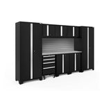 Newage Products Bold 3.0 Series 9-Piece Garage Cabinet Set-63154-Black-Stainless Steel Worktop-Slatwall Backsplash-Garage Giant