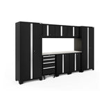 Newage Products Bold 3.0 Series 9-Piece Garage Cabinet Set-63153-Black-Stainless Steel Worktop-LED Lights-Garage Giant