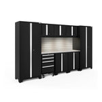 Newage Products Bold 3.0 Series 9-Piece Garage Cabinet Set-63156-Black-Stainless Steel Worktop-LED Lights + Slatwall Backsplash-Garage Giant