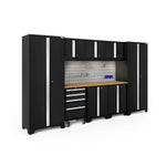 Newage Products Bold 3.0 Series 9-Piece Garage Cabinet Set-63171-Black-Bamboo Worktop-LED Lights + Slatwall Backsplash + Hook Kit-Garage Giant