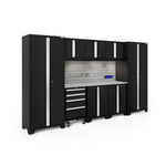 Newage Products Bold 3.0 Series 9-Piece Garage Cabinet Set-63189-Black-Stainless Steel Worktop-LED Lights + Slatwall Backsplash + Hook Kit-Garage Giant