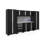 Newage Products Bold 3.0 Series 9-Piece Garage Cabinet Set-63188-Black-Stainless Steel Worktop-Slatwall Backsplash + 12-Piece Hook Kit-Garage Giant