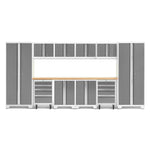 Newage Products Bold 3.0 Series 12-Piece Garage Cabinet Set With 2X Rolling Tool Cabinets-56917-Platinum-Bamboo Worktop-LED Lights-Garage Giant
