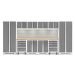 Newage Products Bold 3.0 Series 12-Piece Garage Cabinet Set With 2X Rolling Tool Cabinets-56921-Platinum-Bamboo Worktop-LED Lights + Slatwall Backsplash-Garage Giant
