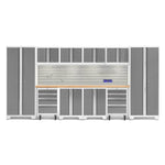 Newage Products Bold 3.0 Series 12-Piece Garage Cabinet Set With 2X Rolling Tool Cabinets-56941-Platinum-Bamboo Worktop-LED Lights + Slatwall Backsplash + Hook Kit-Garage Giant