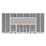 Newage Products Bold 3.0 Series 12-Piece Garage Cabinet Set With 2X Rolling Tool Cabinets-56923-Platinum-Bamboo Worktop-Slatwall Backsplash-Garage Giant