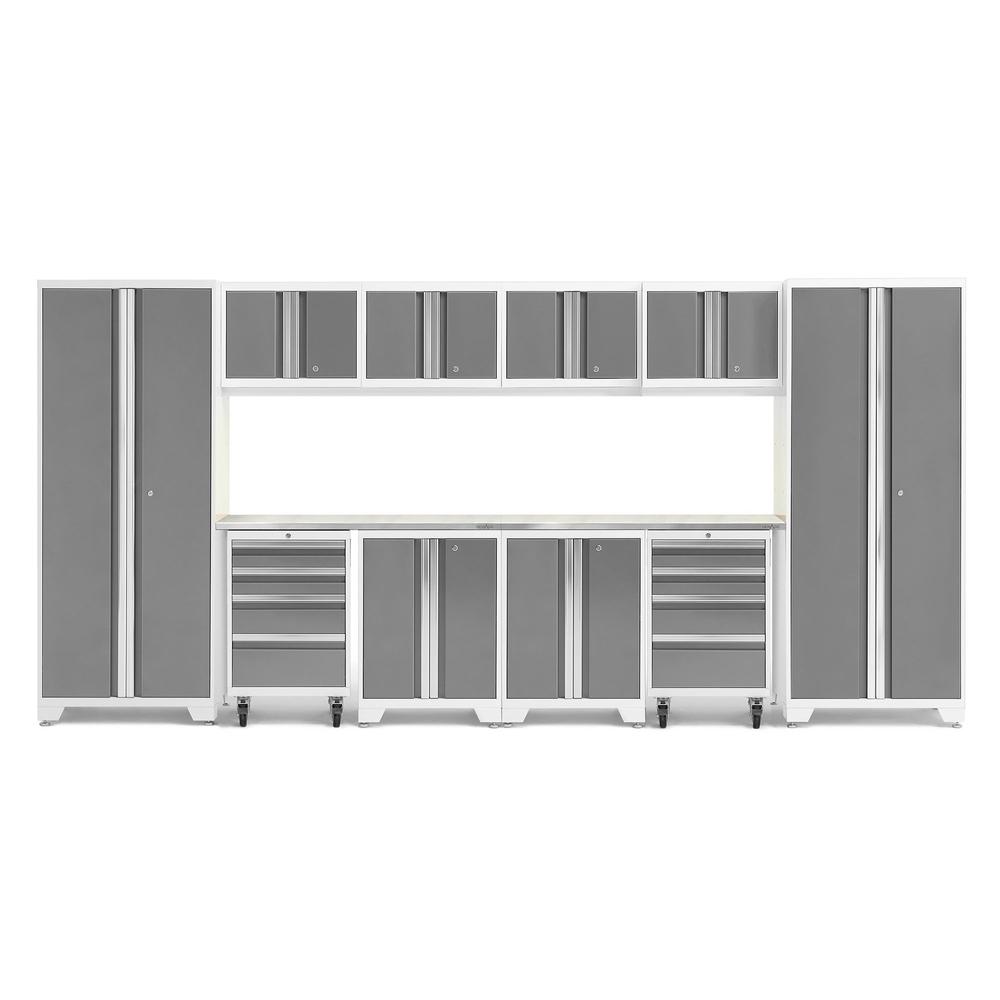 Newage Products Bold 3.0 Series 12-Piece Garage Cabinet Set With 2X Rolling Tool Cabinets-56919-Platinum-Stainless Steel Worktop-LED Lights-Garage Giant