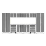 Newage Products Bold 3.0 Series 12-Piece Garage Cabinet Set With 2X Rolling Tool Cabinets-56919-Platinum-Stainless Steel Worktop-LED Lights-Garage Giant