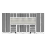 Newage Products Bold 3.0 Series 12-Piece Garage Cabinet Set With 2X Rolling Tool Cabinets-56922-Platinum-Stainless Steel Worktop-LED Lights + Slatwall Backsplash-Garage Giant