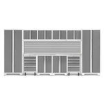 Newage Products Bold 3.0 Series 12-Piece Garage Cabinet Set With 2X Rolling Tool Cabinets-56920-Platinum-Stainless Steel Worktop-Slatwall Backsplash-Garage Giant