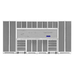 Newage Products Bold 3.0 Series 12-Piece Garage Cabinet Set With 2X Rolling Tool Cabinets-56966-Platinum-Stainless Steel Worktop-Slatwall Backsplash + 12-Piece Hook Kit-Garage Giant