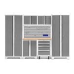 Newage Products Bold 3.0 Series 7-Piece Garage Cabinet Set-54895-Platinum-Bamboo Worktop-Slatwall Backsplash + 12-Piece Hook Kit-Garage Giant