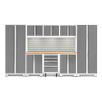 Newage Products Bold 3.0 Series 9-Piece Garage Cabinet Set-54997-Platinum-Bamboo Worktop-LED Lights + Slatwall Backsplash-Garage Giant
