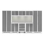 Newage Products Bold 3.0 Series 9-Piece Garage Cabinet Set-54998-Platinum-Stainless Steel Worktop-LED Lights + Slatwall Backsplash-Garage Giant