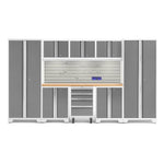 Newage Products Bold 3.0 Series 9-Piece Garage Cabinet Set-55392-Platinum-Bamboo Worktop-LED Lights + Slatwall Backsplash + Hook Kit-Garage Giant